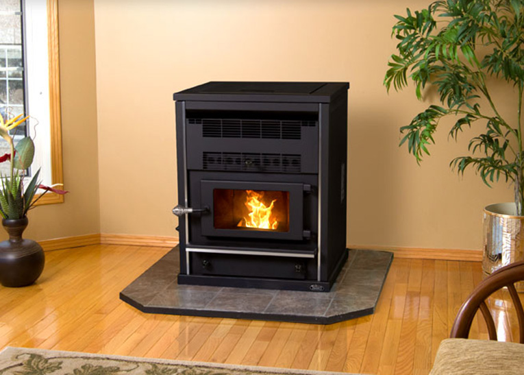 pellet stove with a fire inside